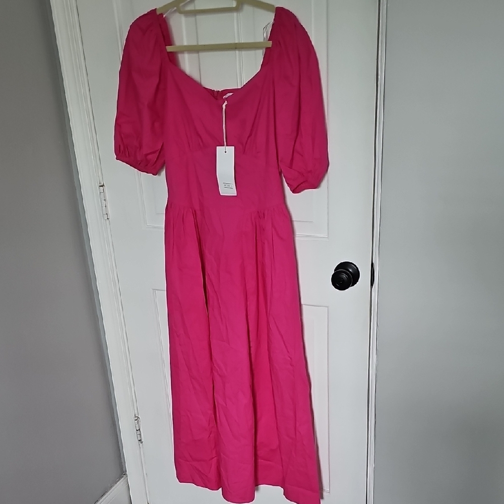 Bright Pink Maxi Dress with Puff Sleeves